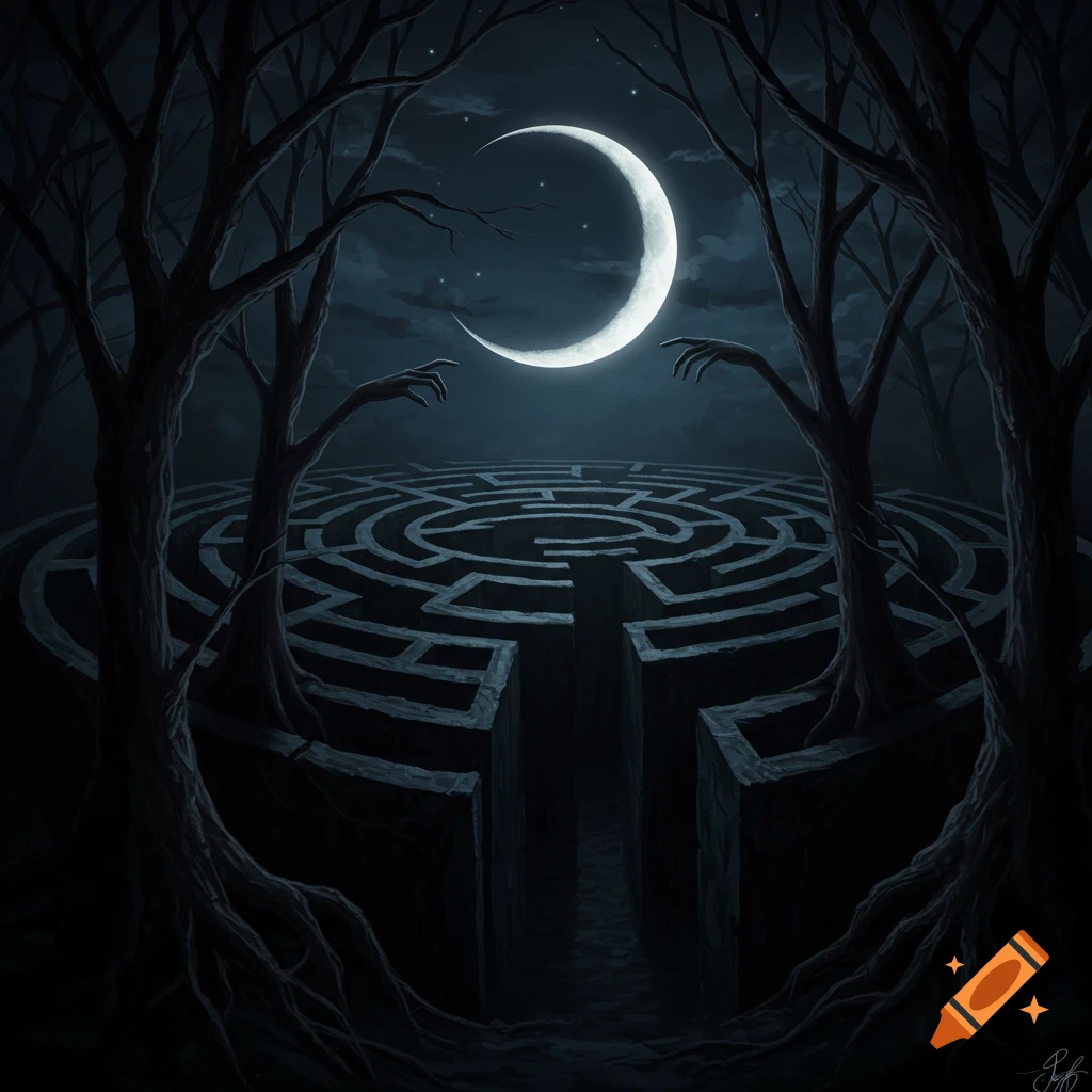 A dark labyrinth formed by trees with branch-hands reaching for a crescent moon.