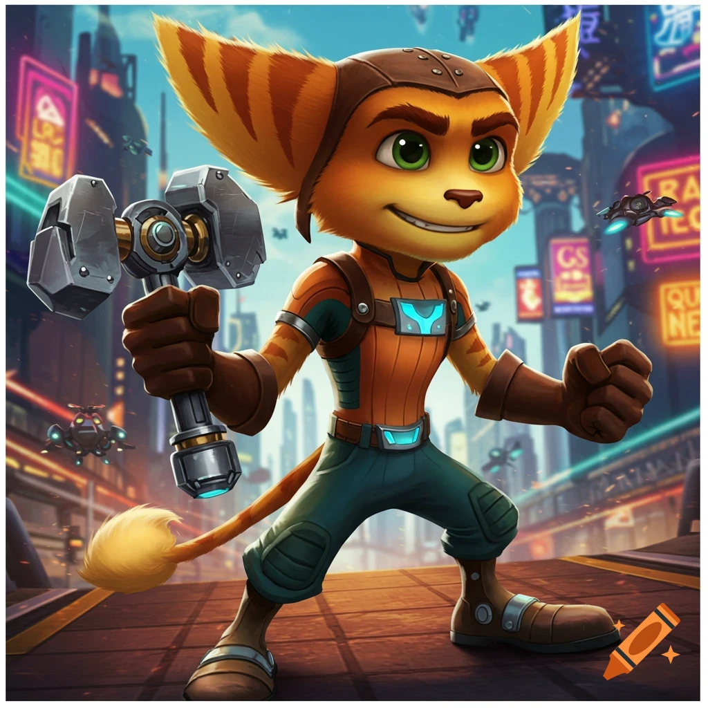 Ratchet from Ratchet & Clank holding a wrench in a futuristic city.
