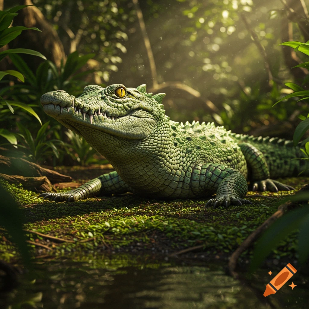 A photorealistic image of a large green crocodile in a sunlit jungle environment.