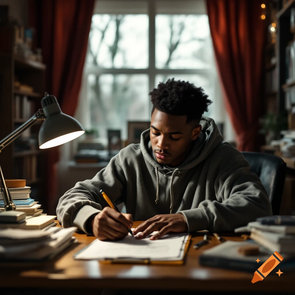 Black teenage boy writing at a desk in a room with bookshelves, lit by a lamp.