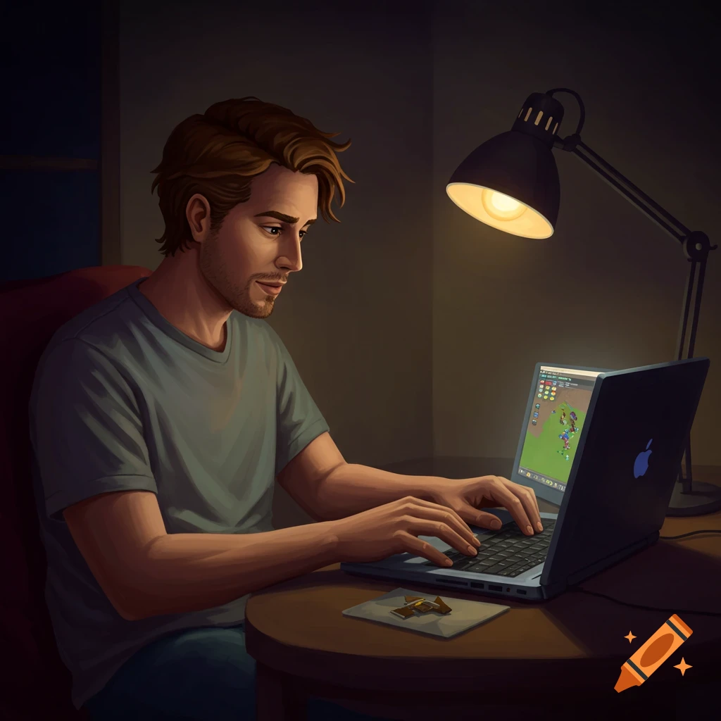 A man plays a video game on a laptop in a dimly lit room