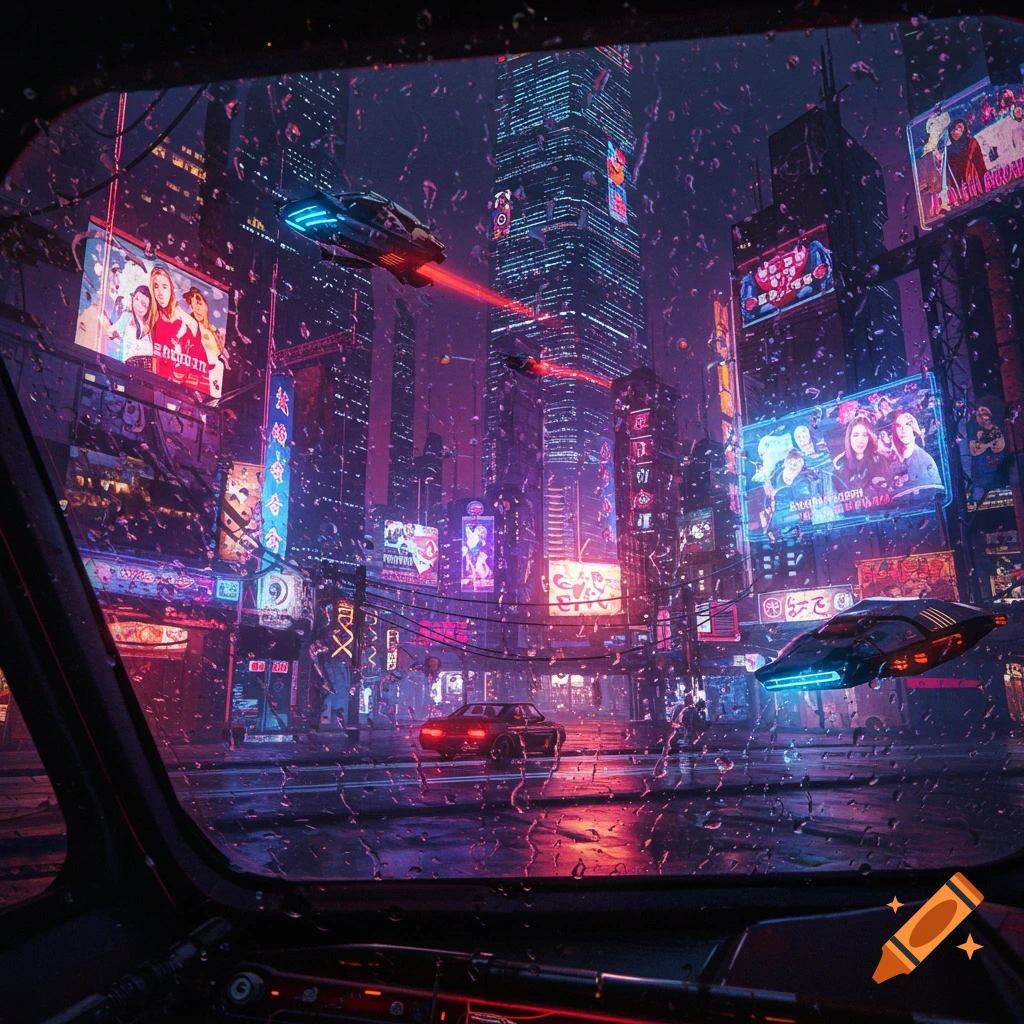 View from a vehicle of a rainy, neon-lit cyberpunk city with flying cars.