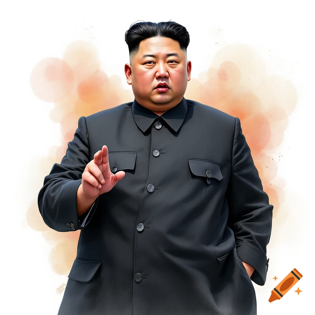 A portrait of Kim Jong Un pointing and looking serious.