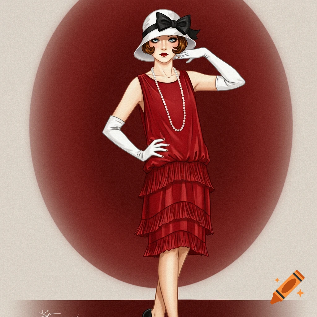 Woman in a red 1920s flapper dress, white hat, and white gloves.