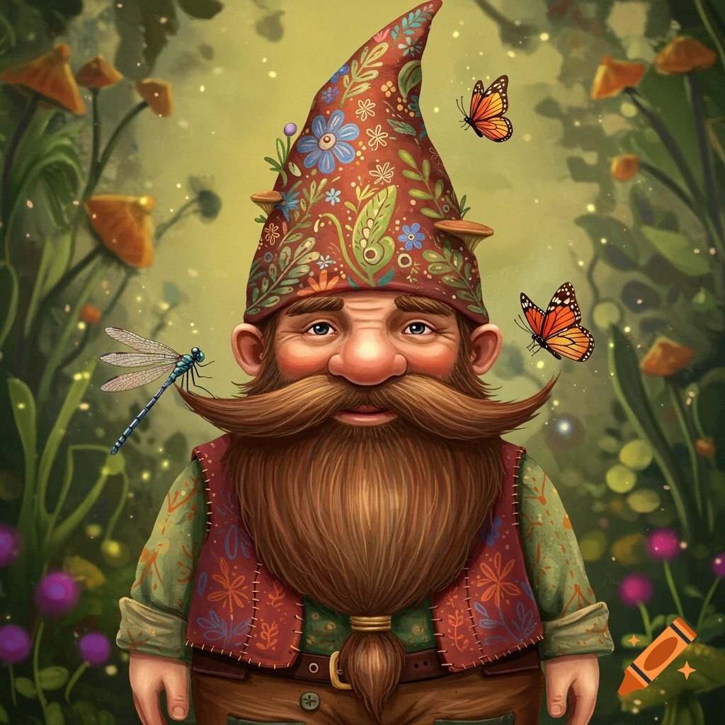 A male gnome with a long beard is in a forest, surrounded by a dragonfly and butterflies.