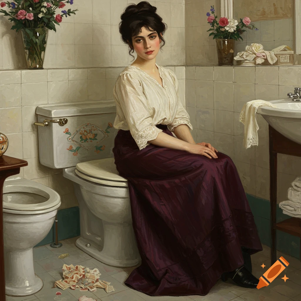 Painting of a woman in a long skirt sitting on an ornate toilet in a bathroom.