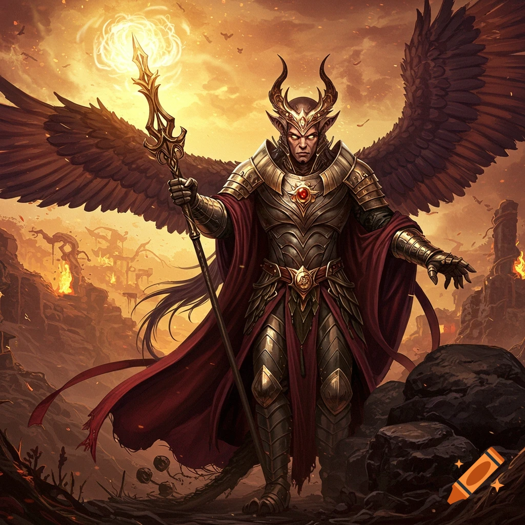 A winged fantasy creature in golden armor stands in a fiery, destroyed landscape.