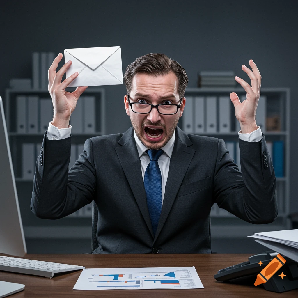 A frustrated businessman in an office holding an envelope and yelling.