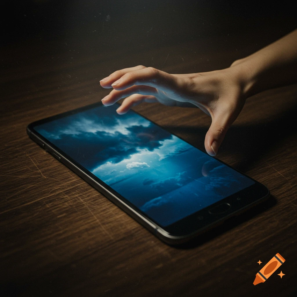 A hand reaches from a phone screen displaying a dramatic cloudy sky, resting on a wooden desk.