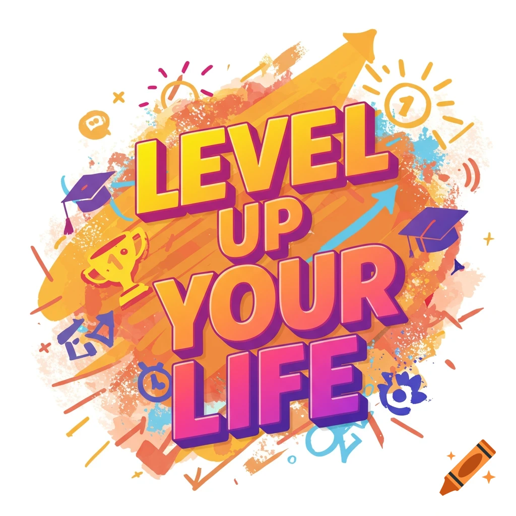 Digital illustration with bold text 'LEVEL UP YOUR LIFE', surrounded by icons like a trophy and graduation cap on an orange background.