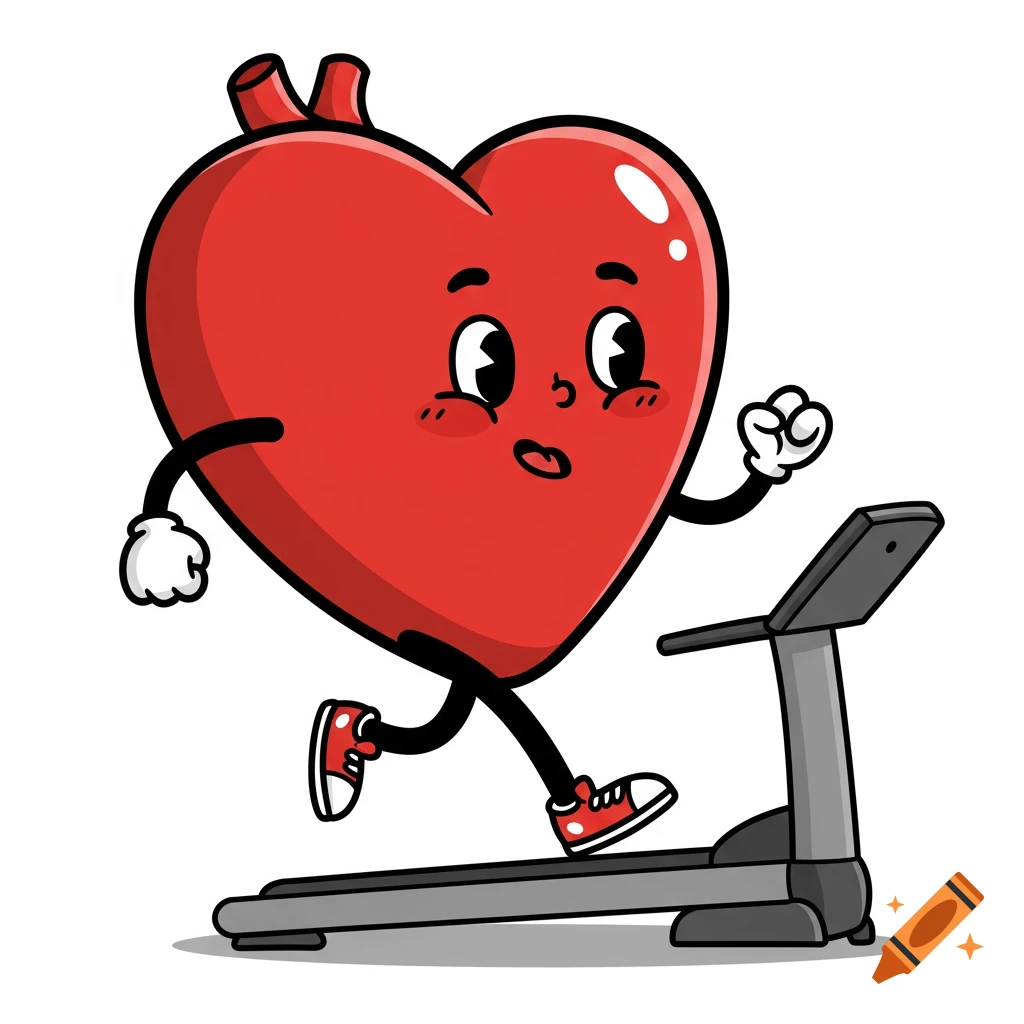 Cartoon heart character running on a treadmill