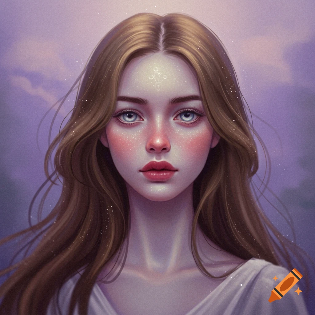 A young woman with long brown hair, blue eyes, and glowing skin against a purple sky.