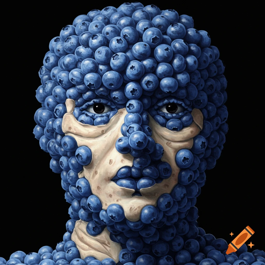 Surreal human head covered in blueberries with patches of skin.