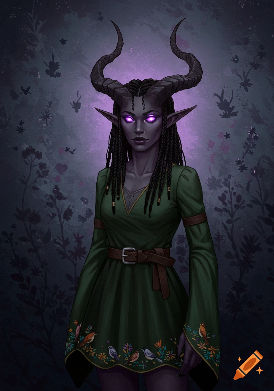 A tiefling woman with horns, glowing purple eyes, and braided hair, wearing a green dress with embroidered birds.