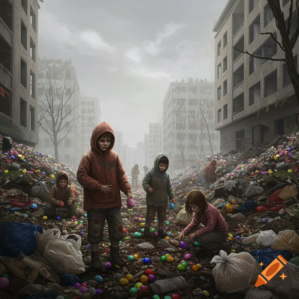 Children finding colorful Easter eggs among debris in a ruined city.