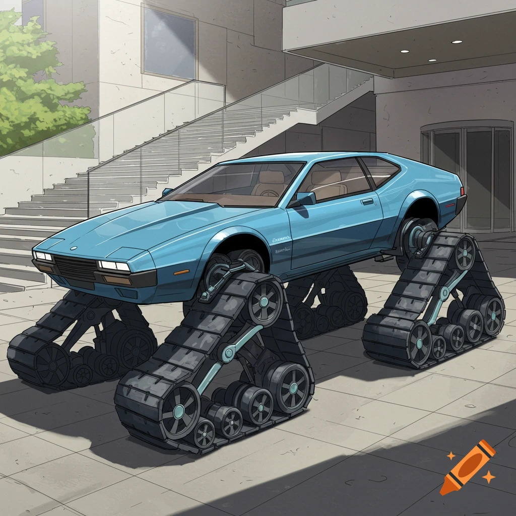 Blue car with tank tracks parked by stairs.