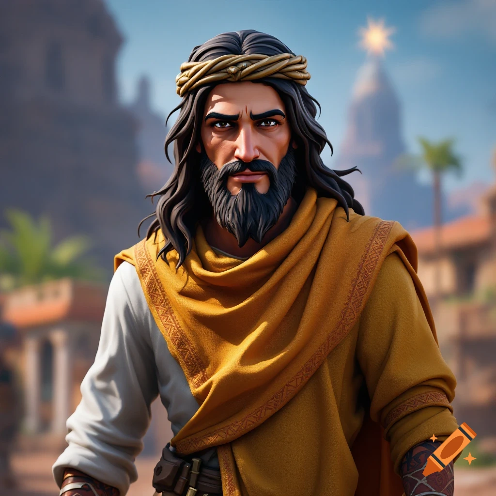 Stylized depiction of Jesus with a beard and crown of thorns in a golden wrap, rendered in a video game style.