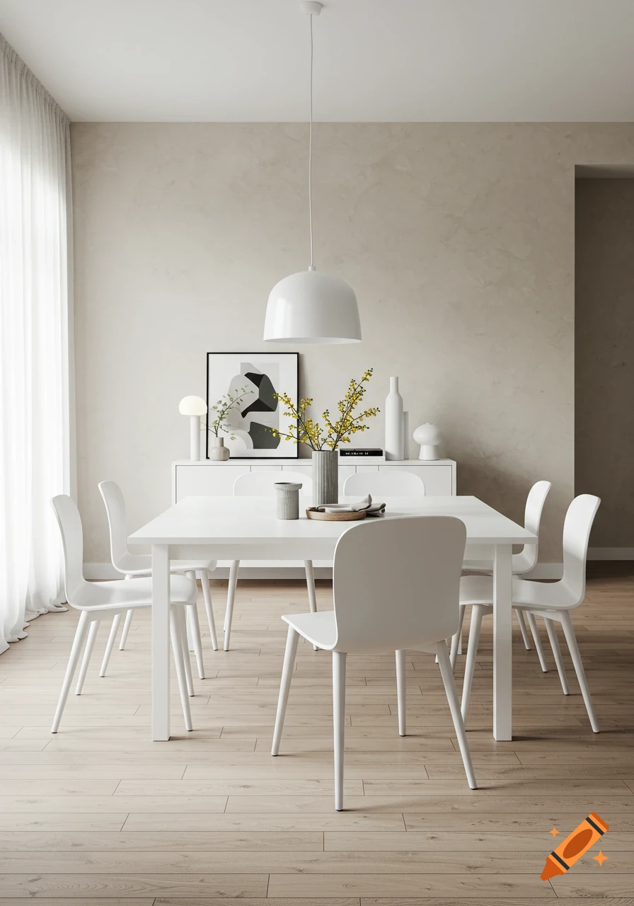 A modern dining room with a white rectangle table and white chairs.