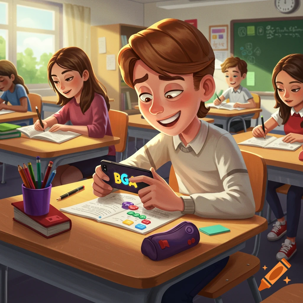 Students are in a classroom, one boy is playing a game on his phone on ...