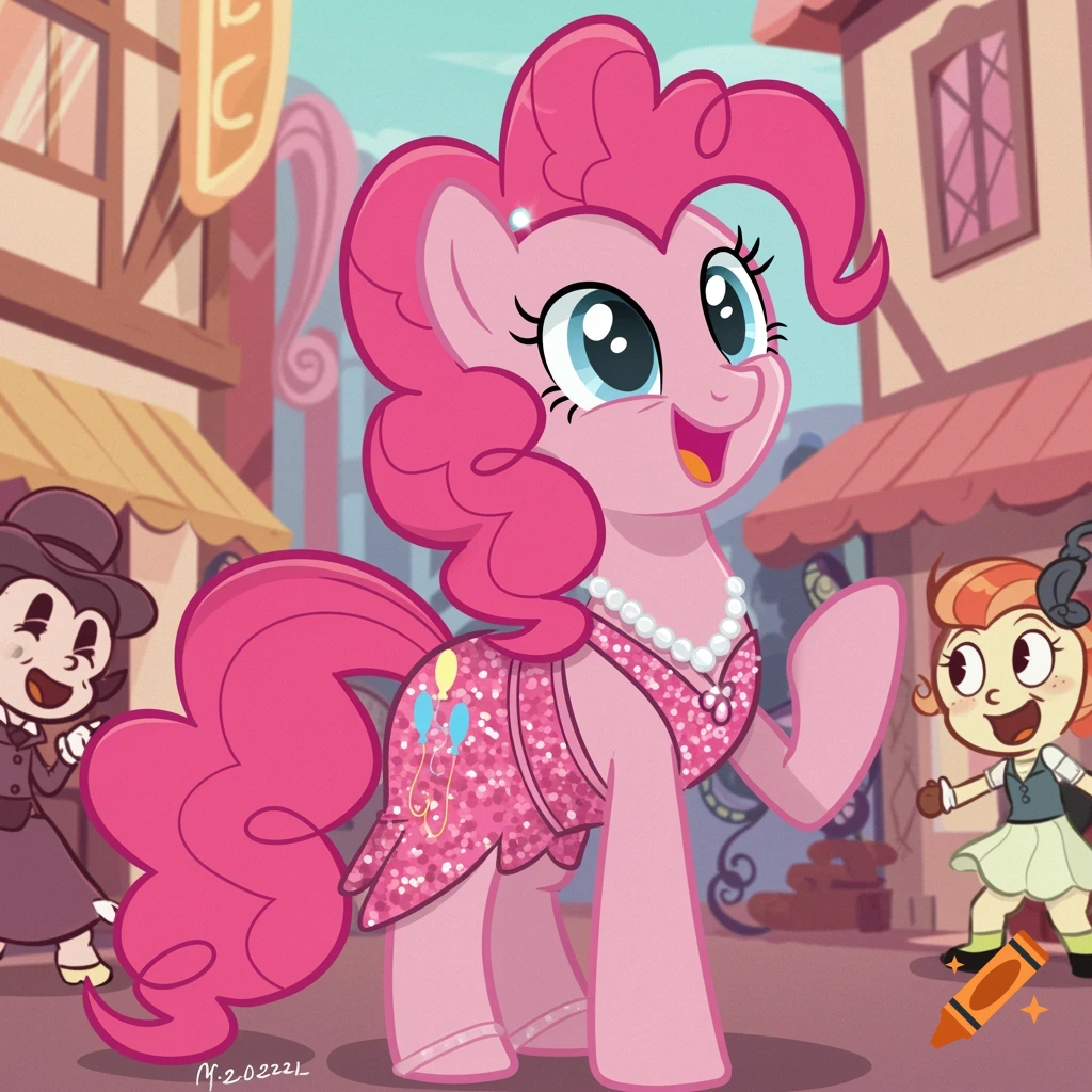 Pinkie Pie in a pink sparkly dress and pearls, smiling and waving in a vintage cartoon style street scene with other characters.