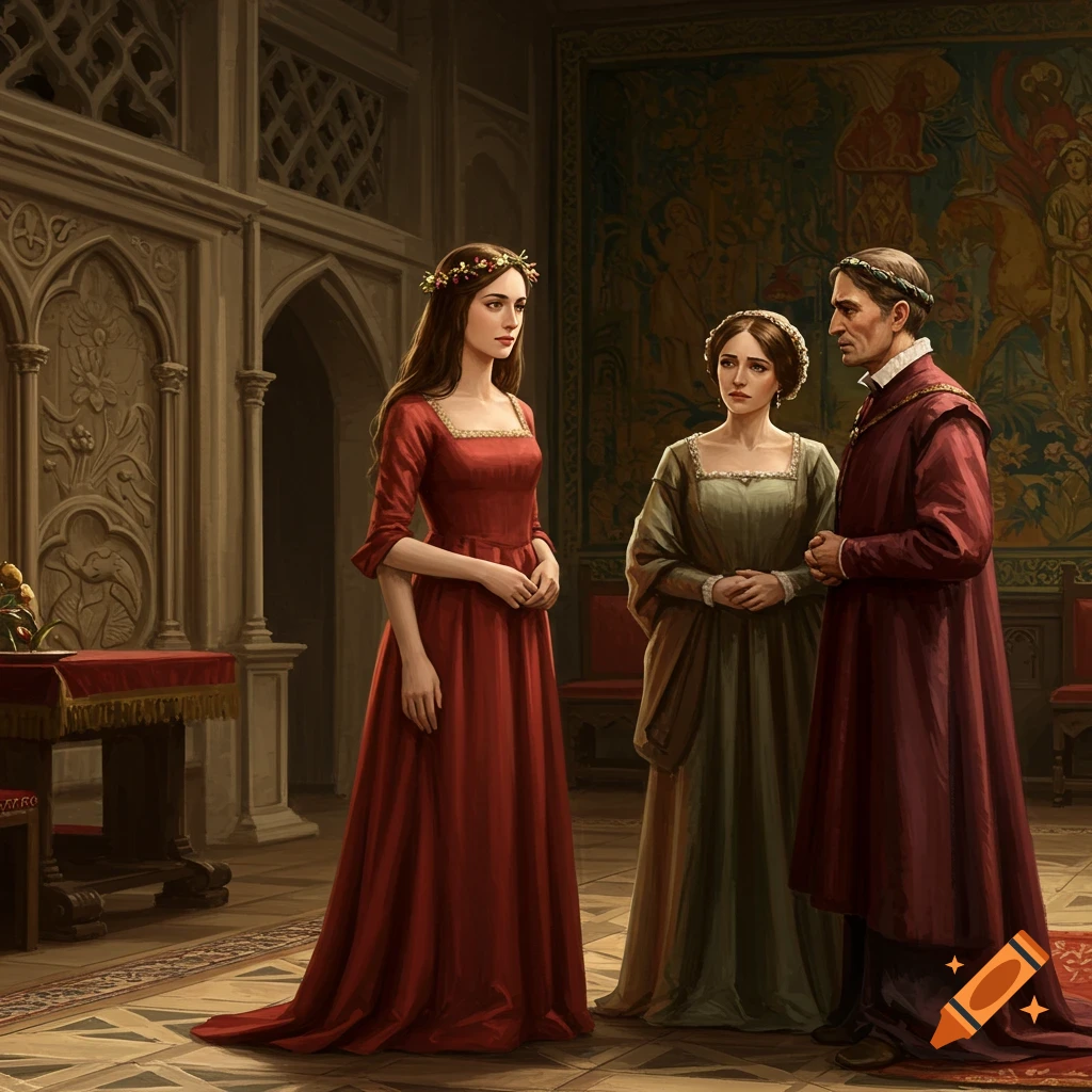 Three people in period clothing stand in a room with a tapestry.