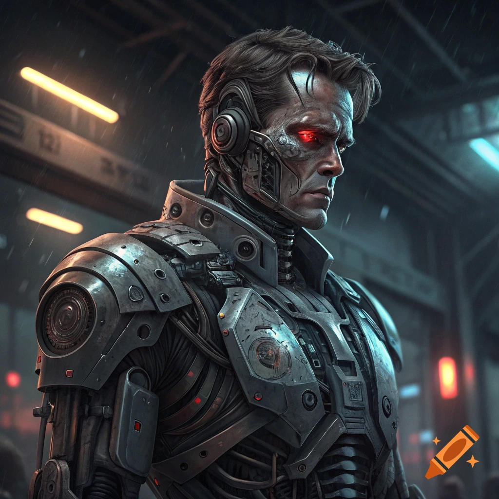 Close-up portrait of a man with cybernetic implants and glowing red eyes, in a dark, rainy, futuristic setting.