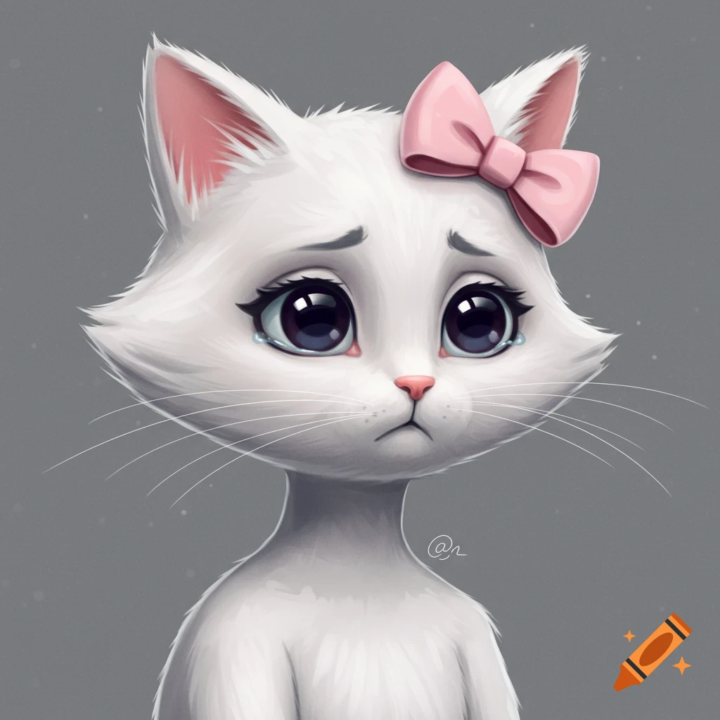 A sad white cat wearing a pink bow