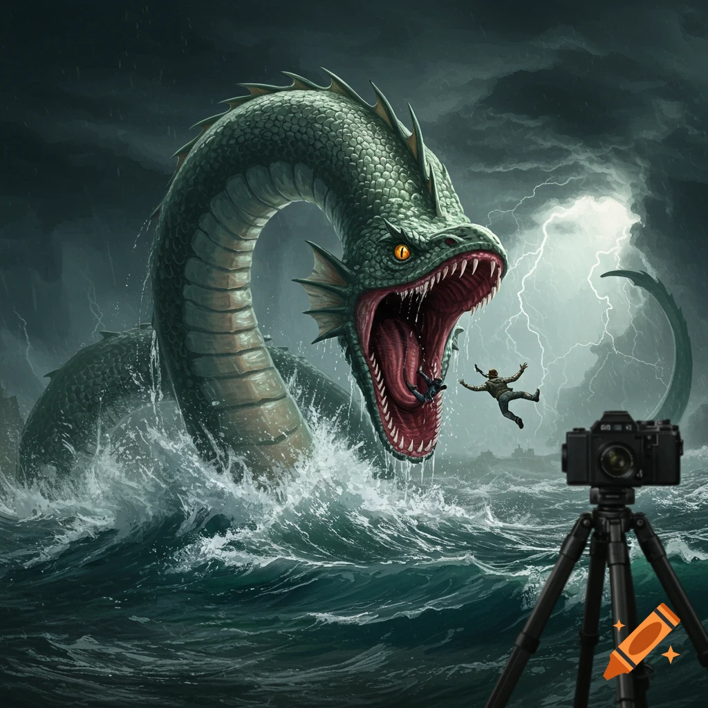 A giant sea serpent in a stormy ocean, people falling into its mouth, camera in foreground.