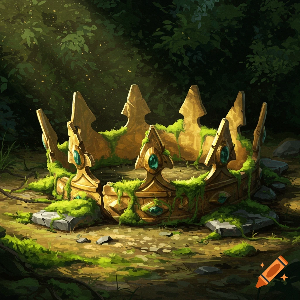 A broken golden crown covered in moss lies on the forest floor.