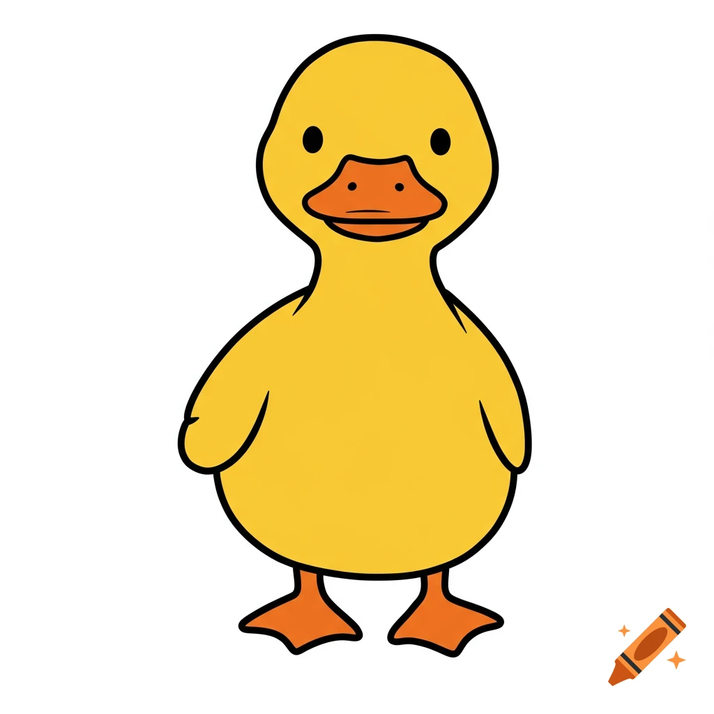 A simple yellow cartoon duck with orange feet and beak stands looking forward.