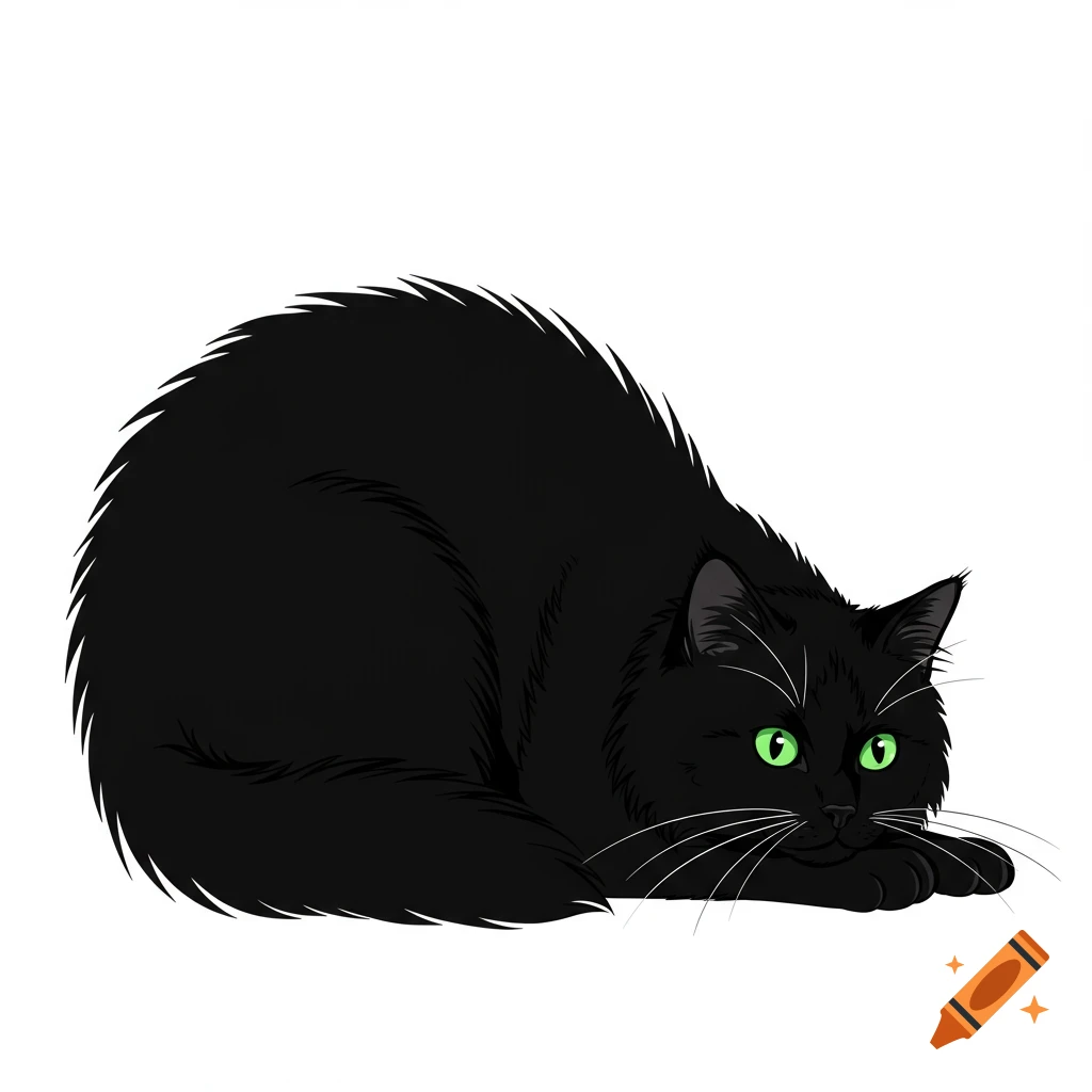 Vector graphic of a fluffy black cat crouching.