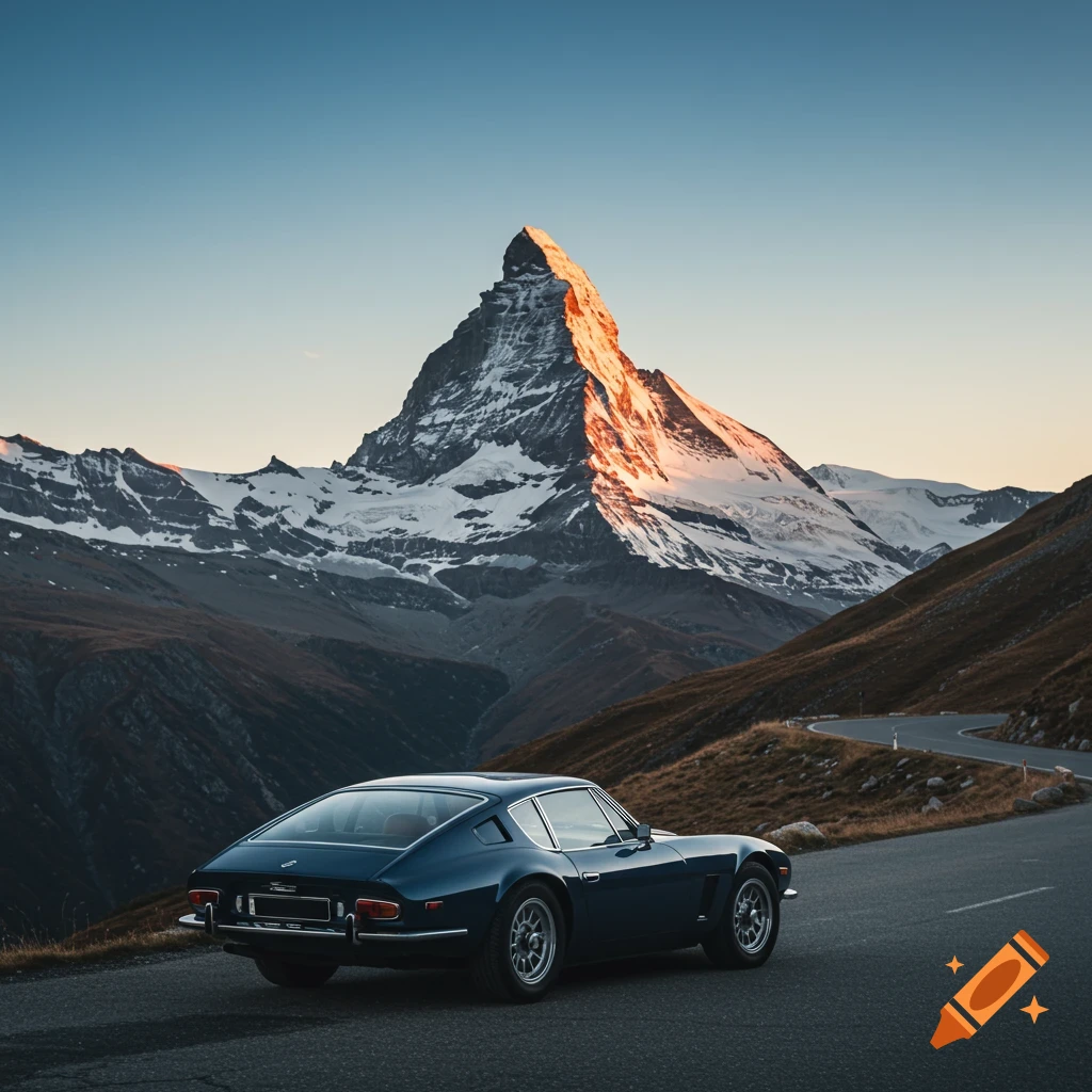 Dark blue car on a mountain road at sunrise with a large peak in the background.