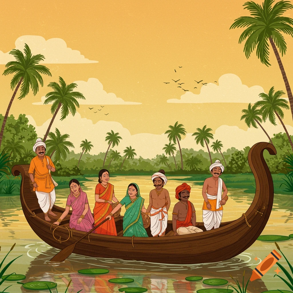 People in a boat on water with palm trees.