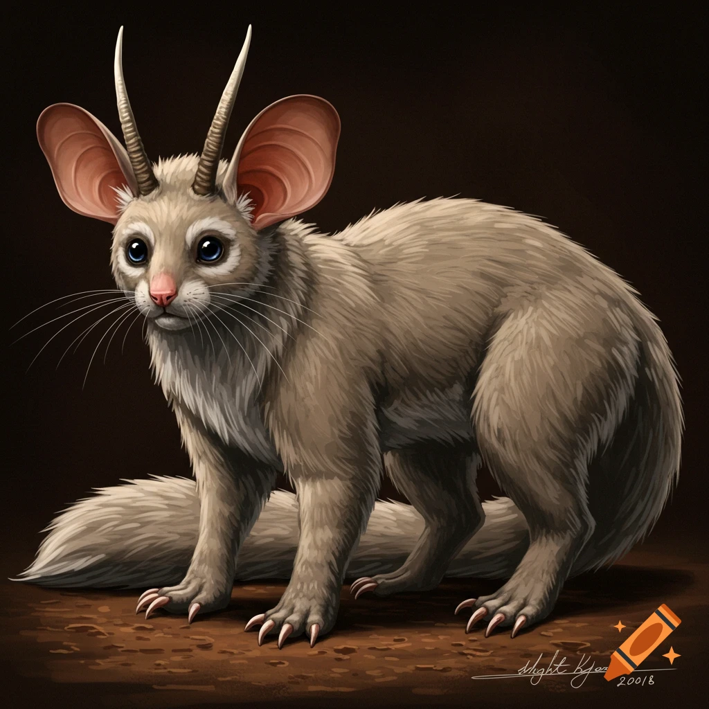A fantasy creature with large ears, horns, fur, claws, and a long tail.