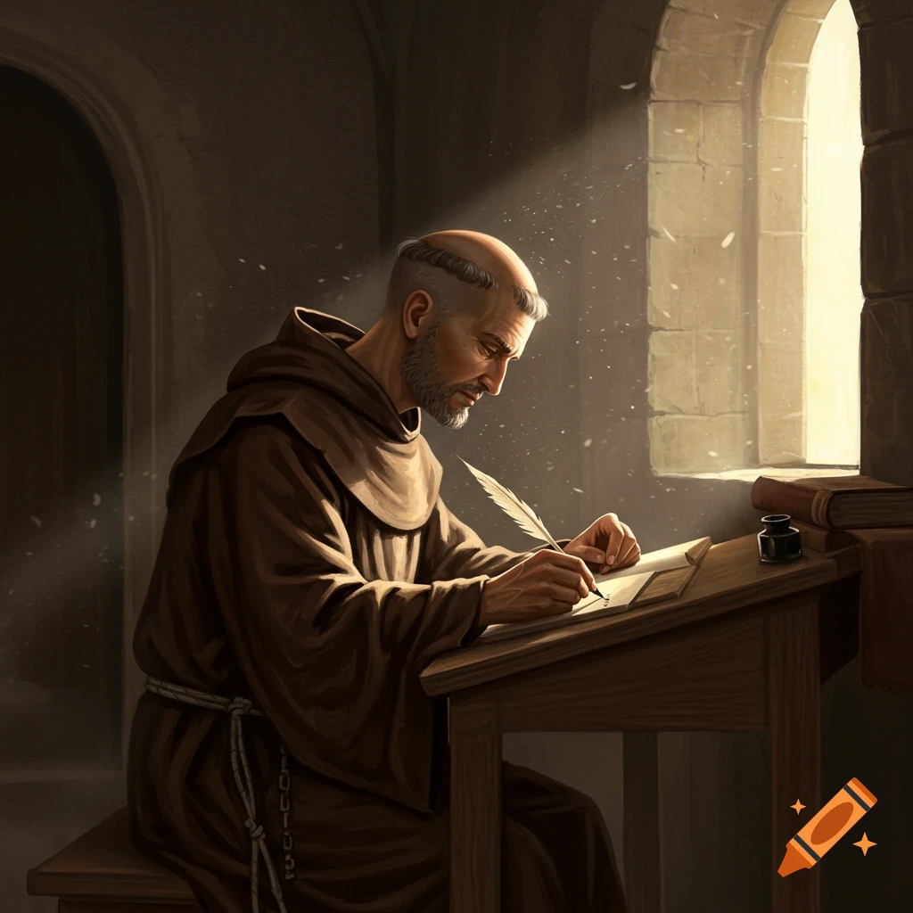 A Christian monk is writing at a desk in a sunlit room.