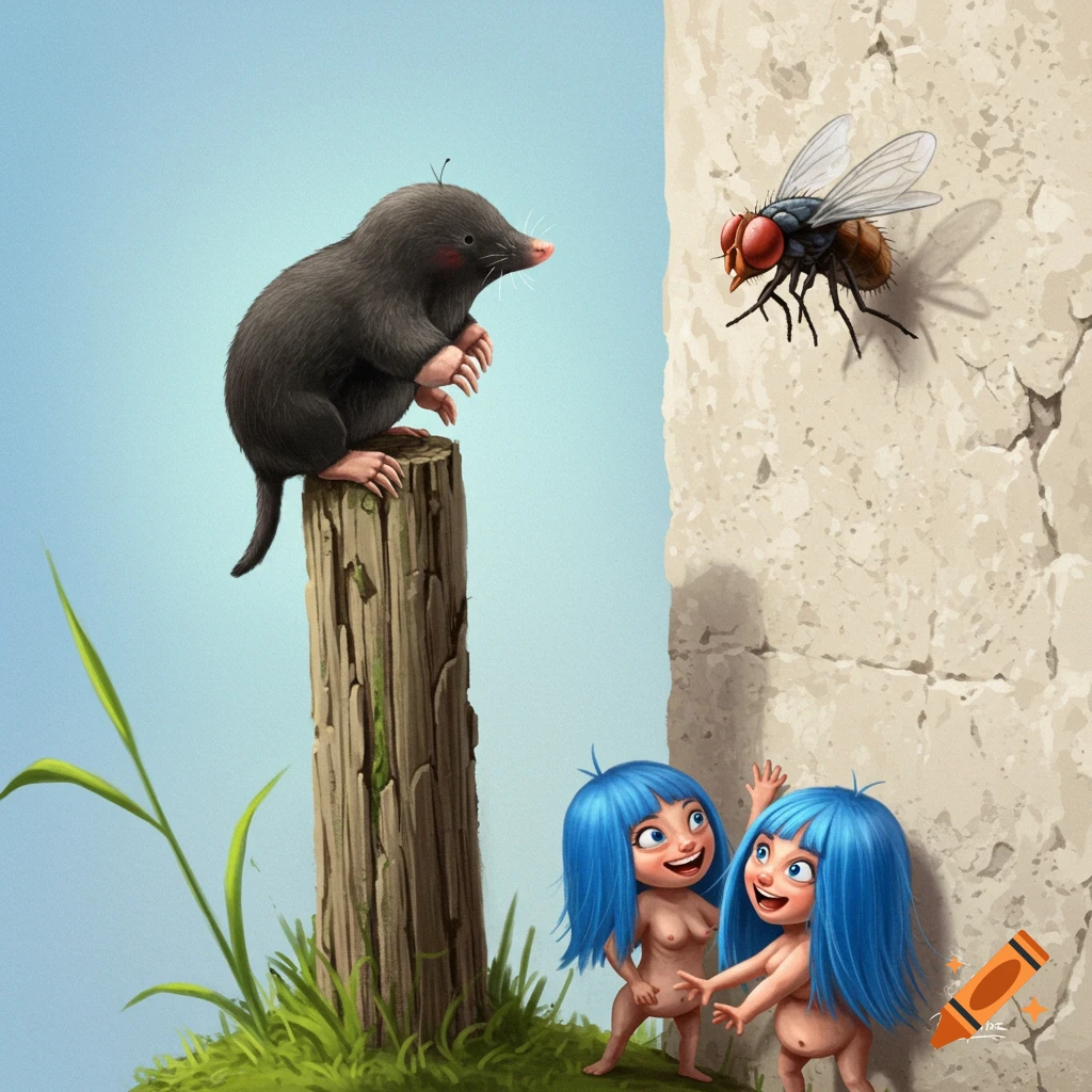 A mole on a log, a fly on a wall, and two small, naked creatures with blue hair.