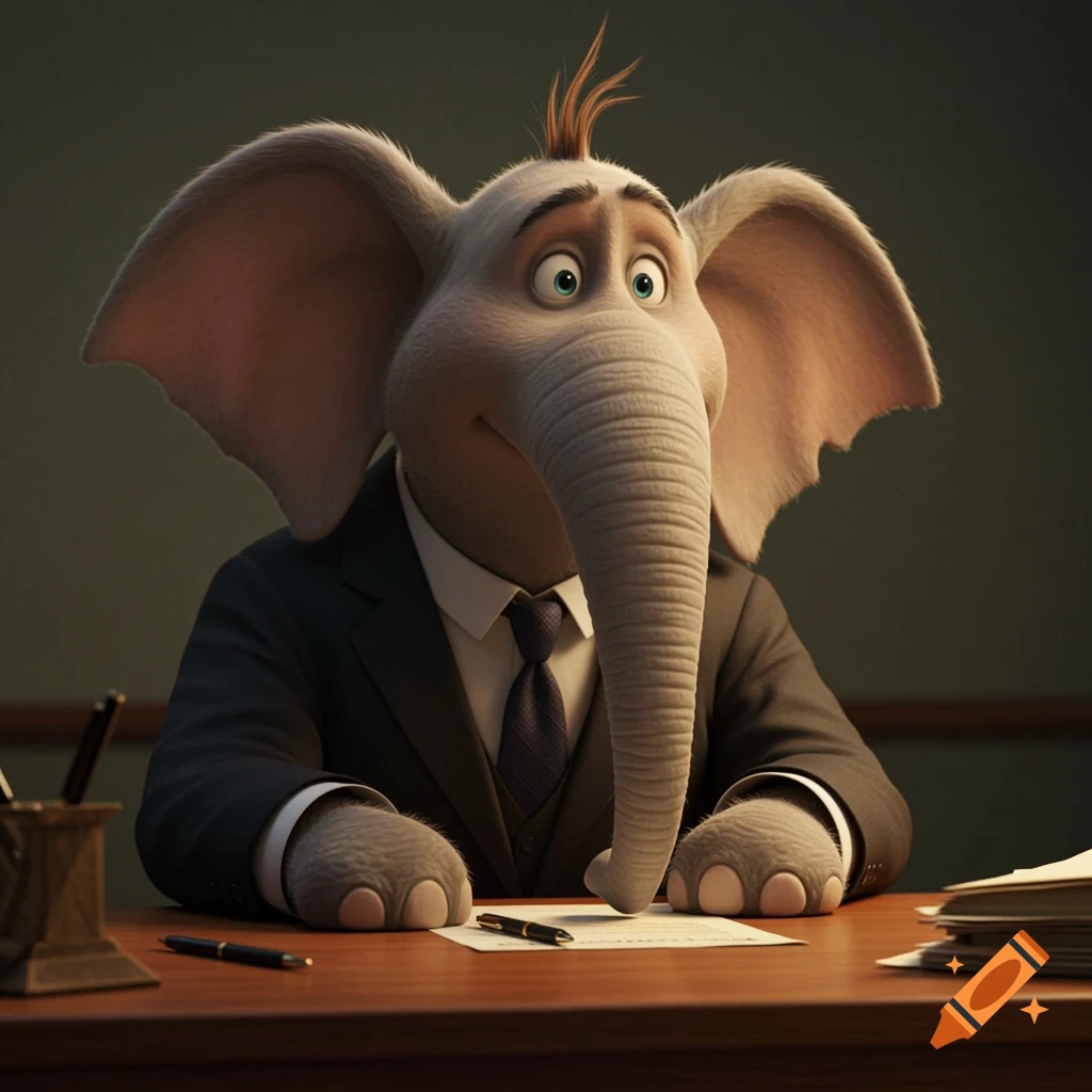 Cinematic portrait of a cartoon elephant in a suit sitting at a desk.