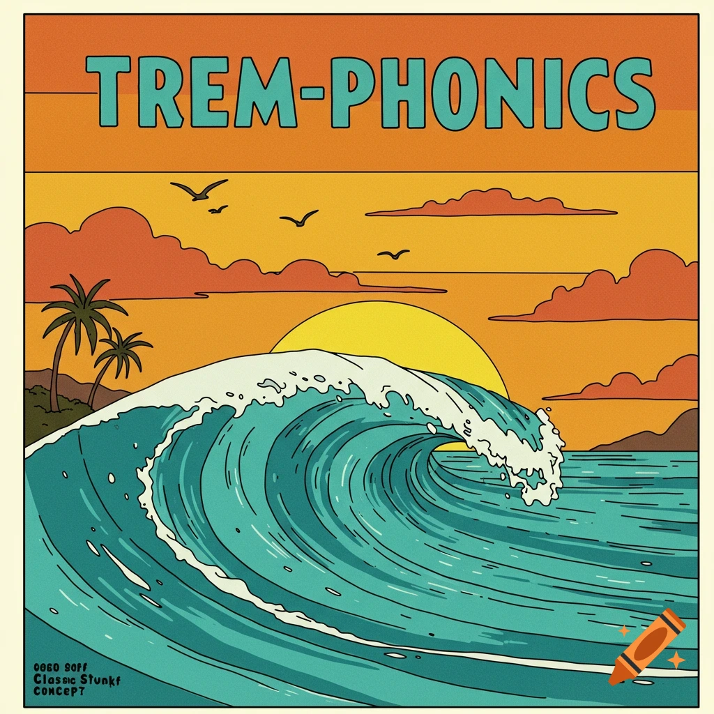 Stylized illustration of a large wave with palm trees, birds, and a sunset in the background. Text at the top reads "TREM-PHONICS".