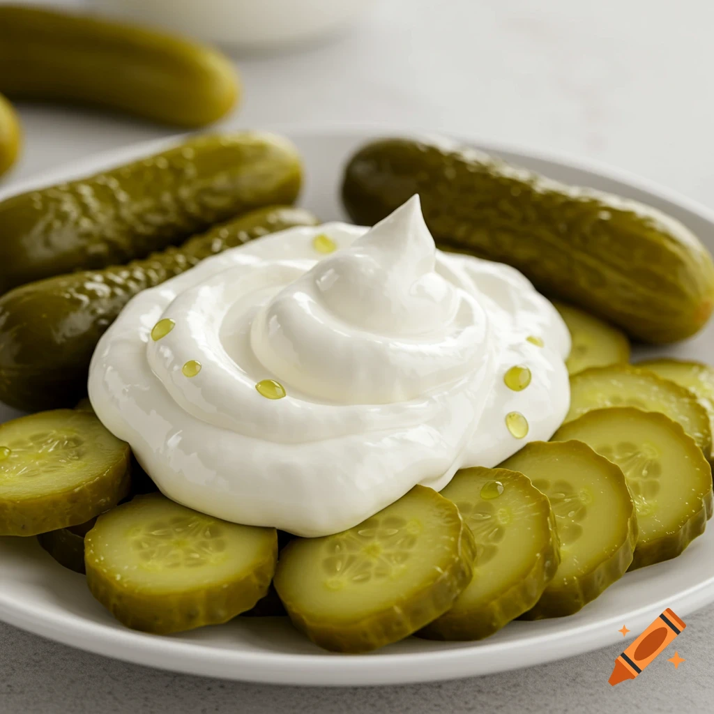 Photorealistic image of whole and sliced pickles arranged around a dollop of cream cheese or dip on a white plate.