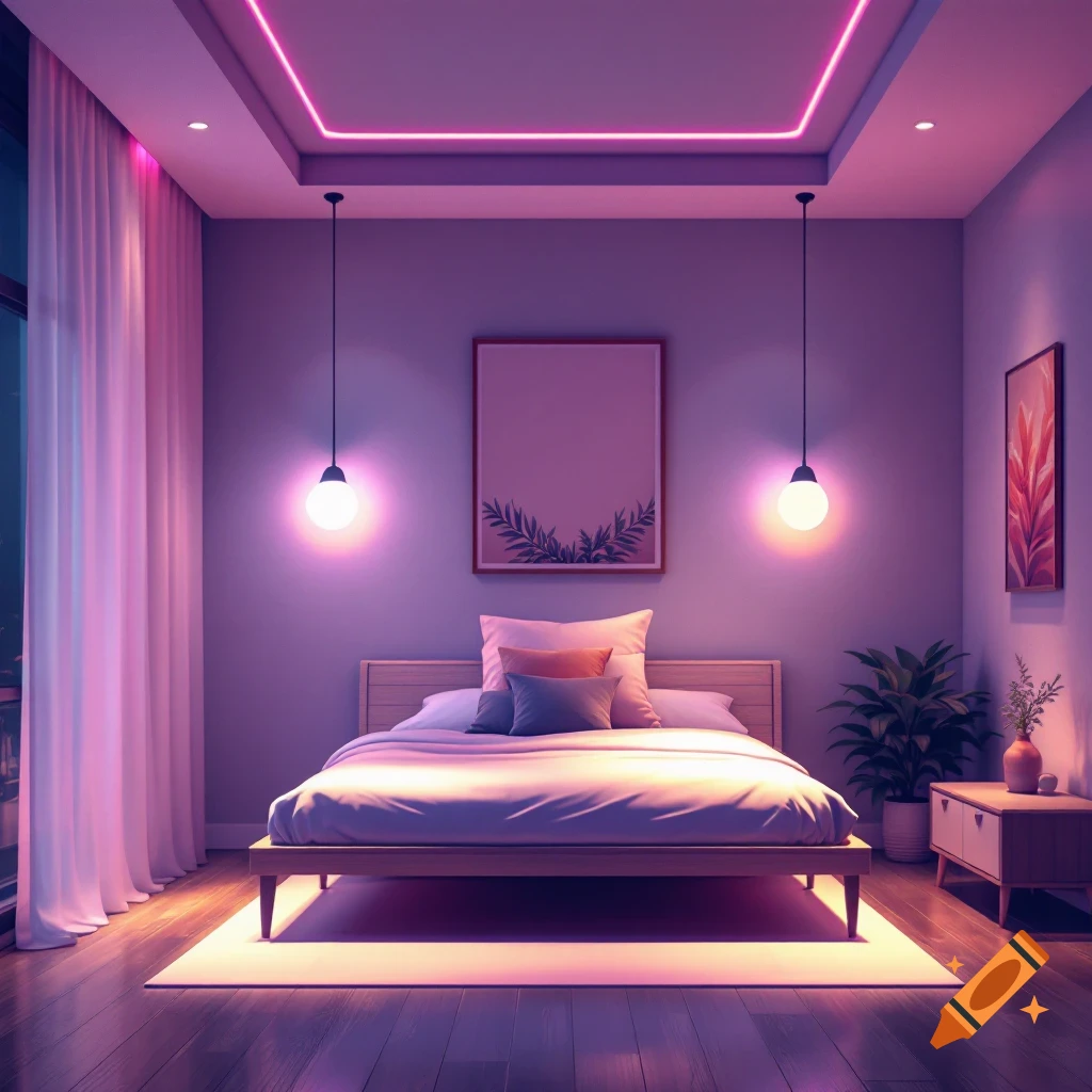 A modern bedroom with purple neon strip lighting and pendant lamps over a bed.