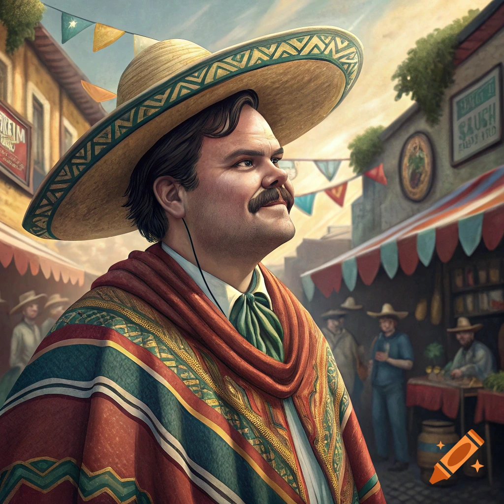 Man in a sombrero and serape in a bustling Mexican marketplace.