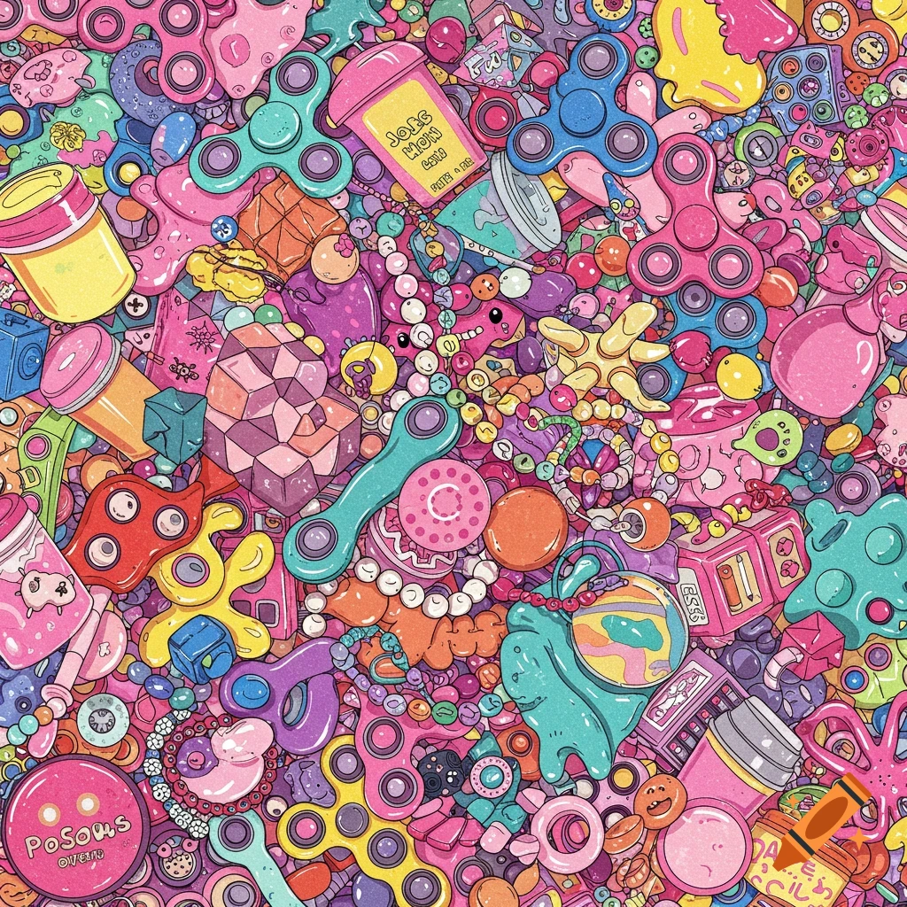 A colorful illustration of a background packed with fidget toys and jewelry.