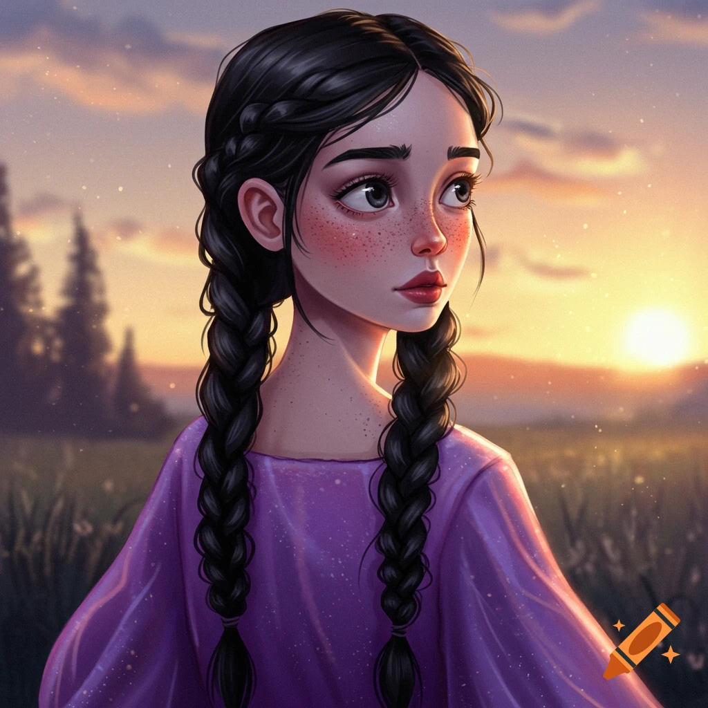 A girl with braids and freckles in a purple dress is in a field at sunset.