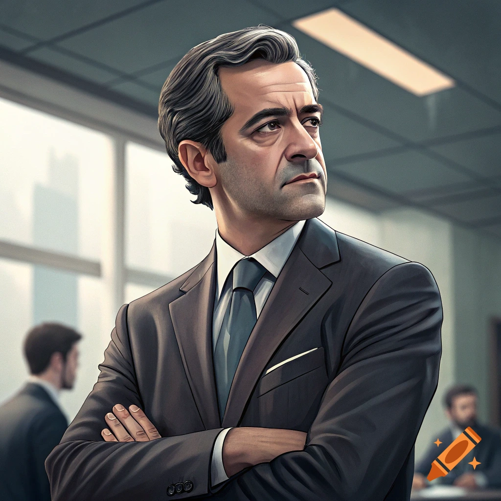 Man in a suit with folded arms looks away in an office.