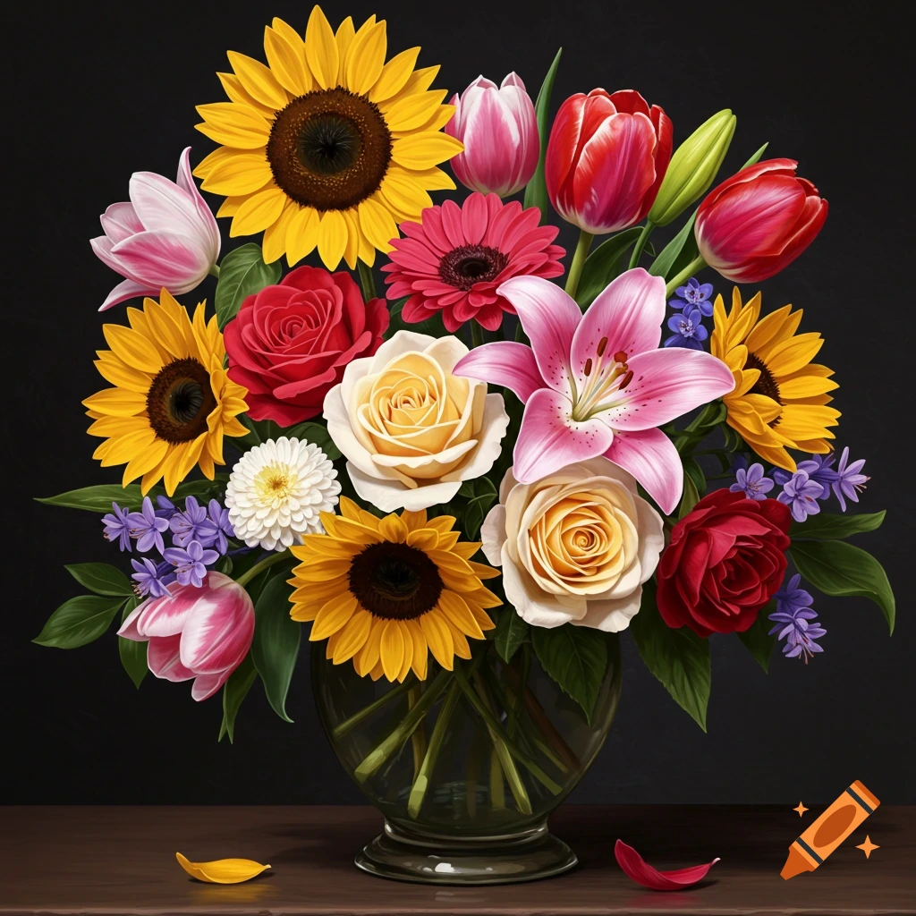 A colorful bouquet of sunflowers, roses, lilies, and tulips in a vase