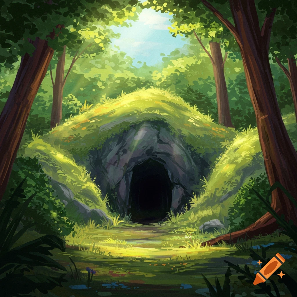 A forest path leading into a dark cave entrance surrounded by green foliage.