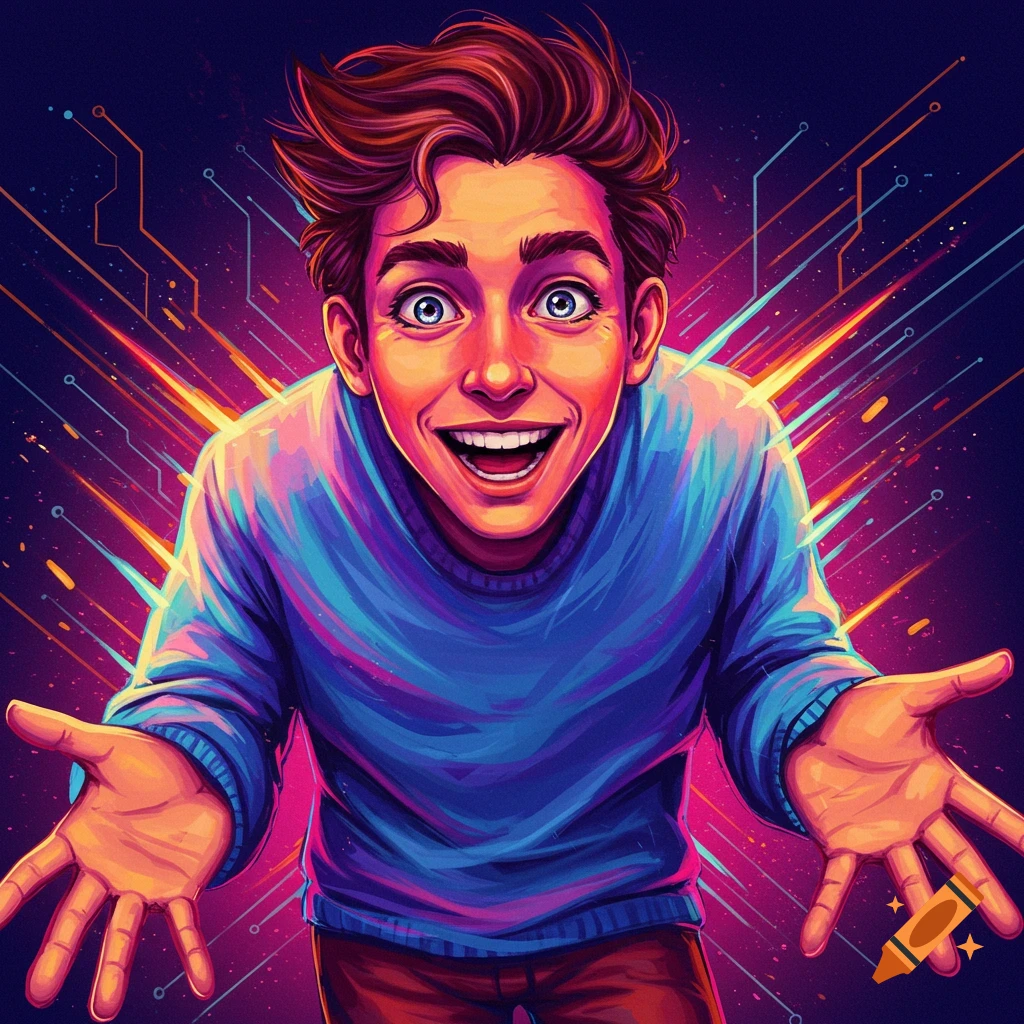 A vibrant image of an excited man with outstretched hands, surrounded by glowing futuristic circuit lines.