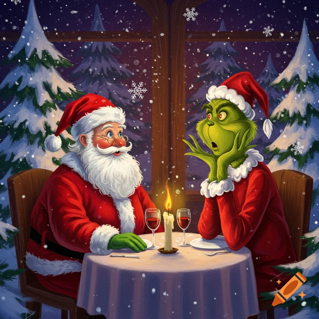 Santa Claus and the Grinch having dinner at a table in a snowy scene.