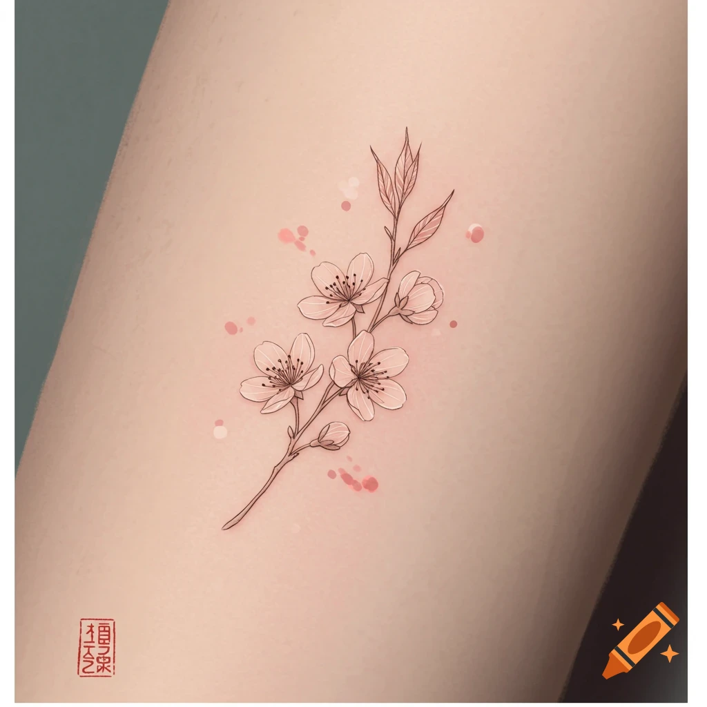 A small tattoo of cherry blossom branches and pink splatters on skin, with a small seal in the corner.