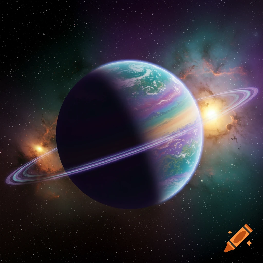 A colorful planet with rings and nebulas in space.